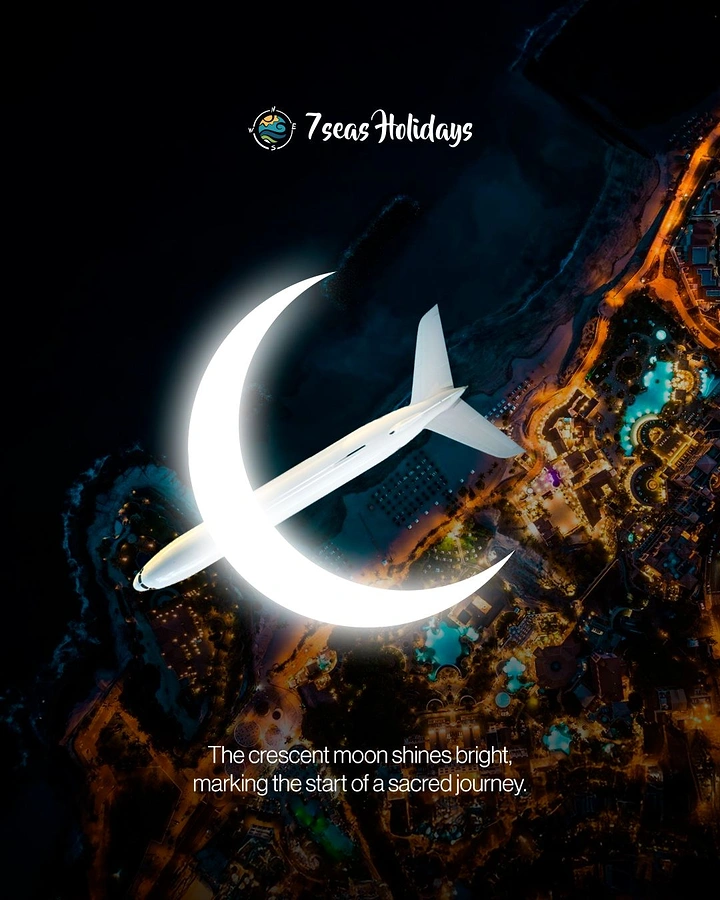 Eid creative ad: Airplane crossing a glowing crescent moon over a night aerial city