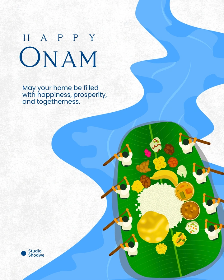 Onam creative ad: Top-down banana leaf sadhya drawn as a boat with oarsmen on a river