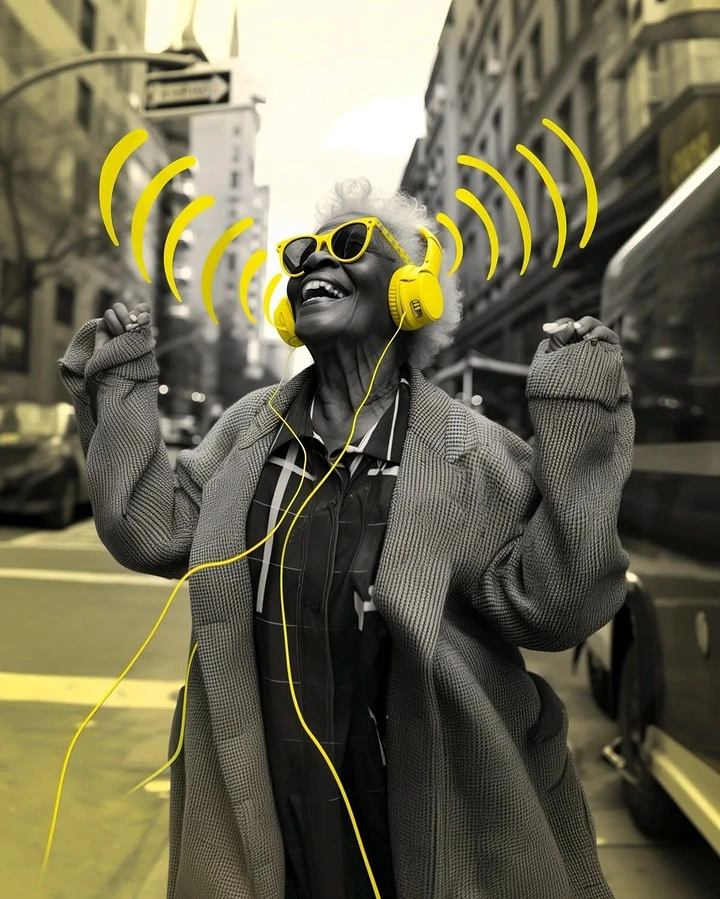 Headphones & Speakers creative ad: Graphic sound waves animate portrait