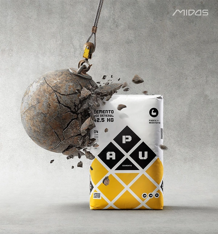 Construction creative ad: Wrecking ball shattering against an intact cement bag