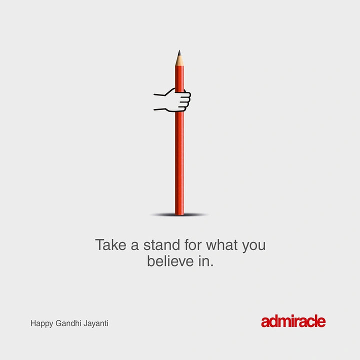 Gandhi Jayanti creative ad: Upright red pencil gripped by a line-drawn hand