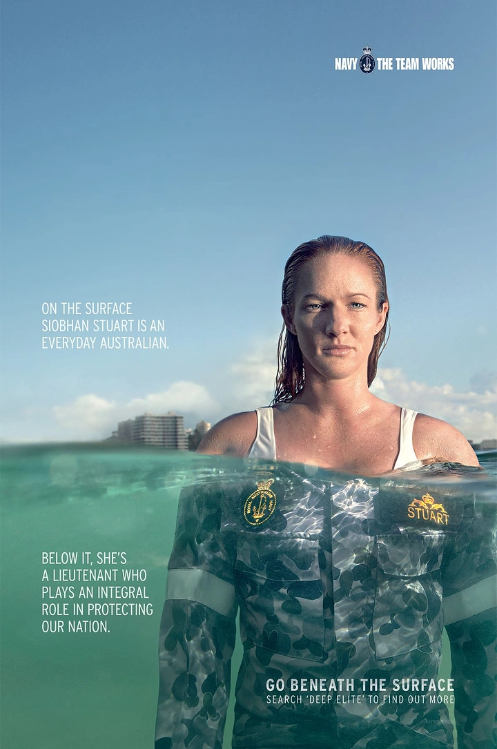 Recruitment & Staffing Agencies creative ad: Woman half-submerged: swimwear above, navy uniform below