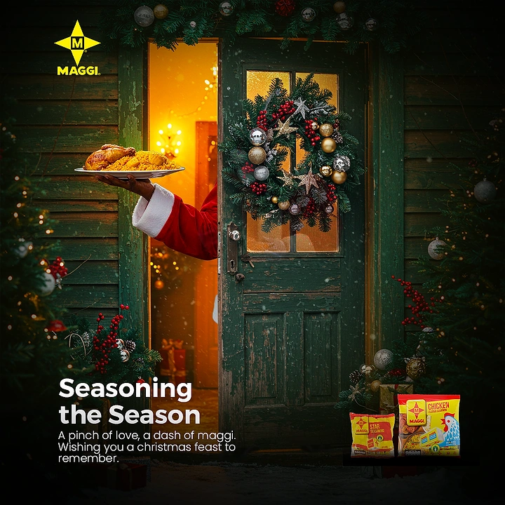 Christmas creative ad: Santa's arm holding a festive rice-and-chicken plate out of a glowing doorway