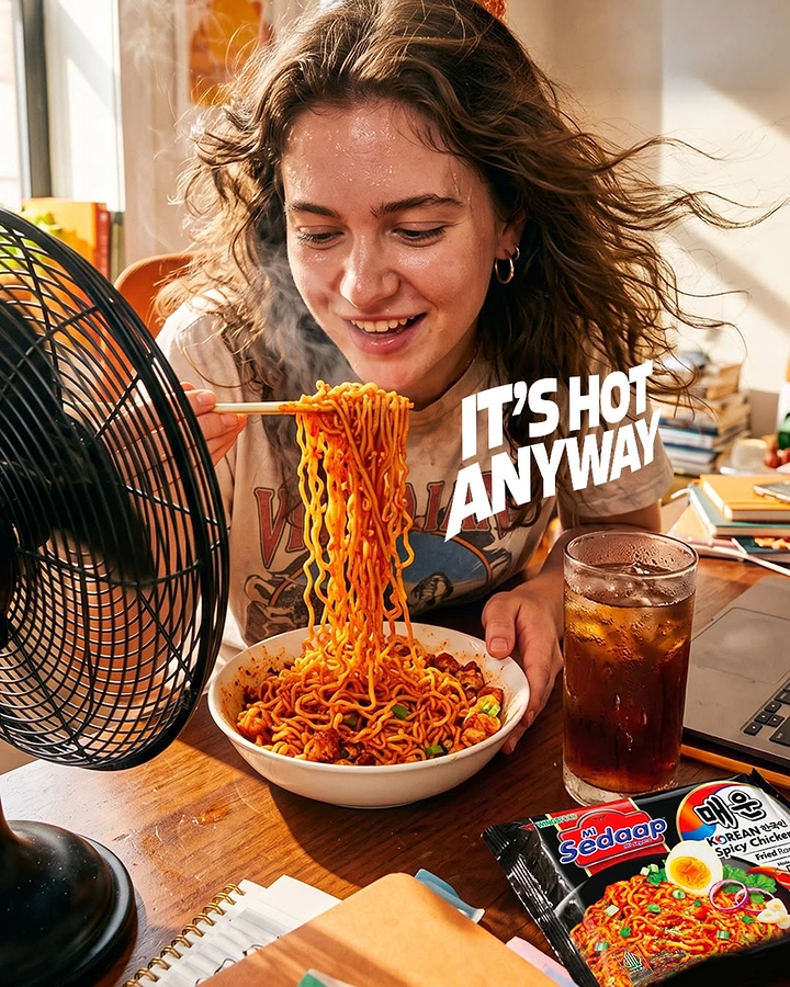 Instant Noodles & Pasta Brands creative ad: Fan visualizes noodles being hot