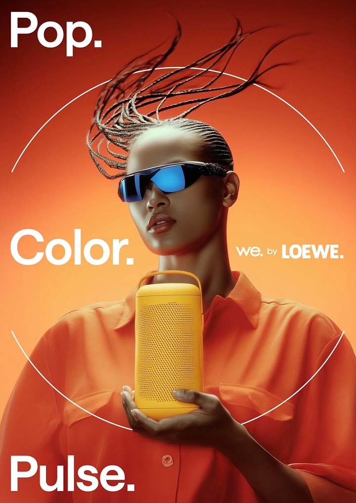 Electronics creative ad: Model in blue sunglasses holding a yellow speaker