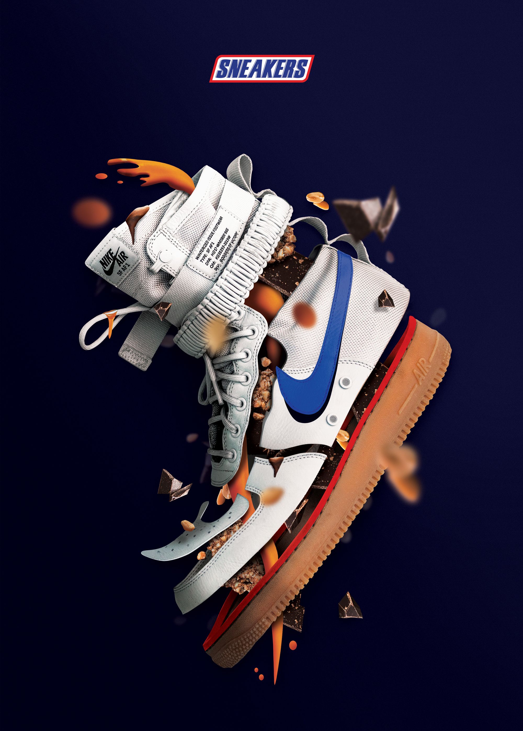 Poster: Exploded high-top sneaker mixed with chocolate, caramel and peanuts