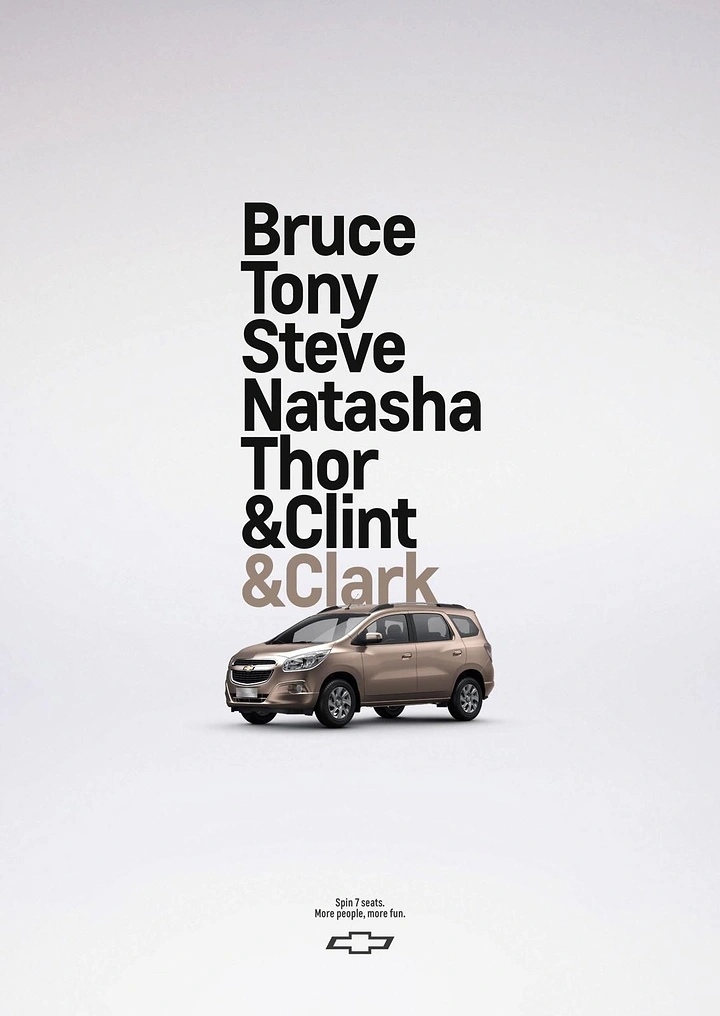 Automotive creative ad: Bronze 7-seater MPV beneath a stacked list of names