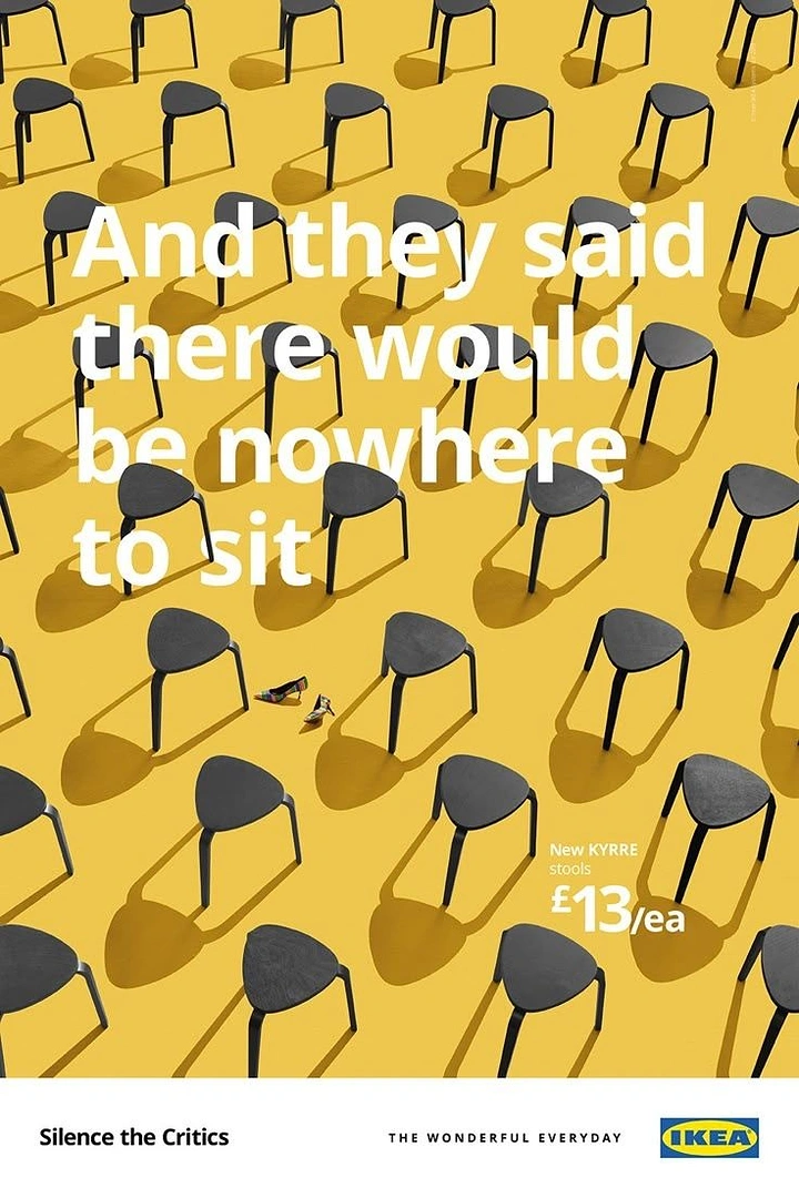 Home Decor creative ad: Overhead grid of black three-legged stools on yellow