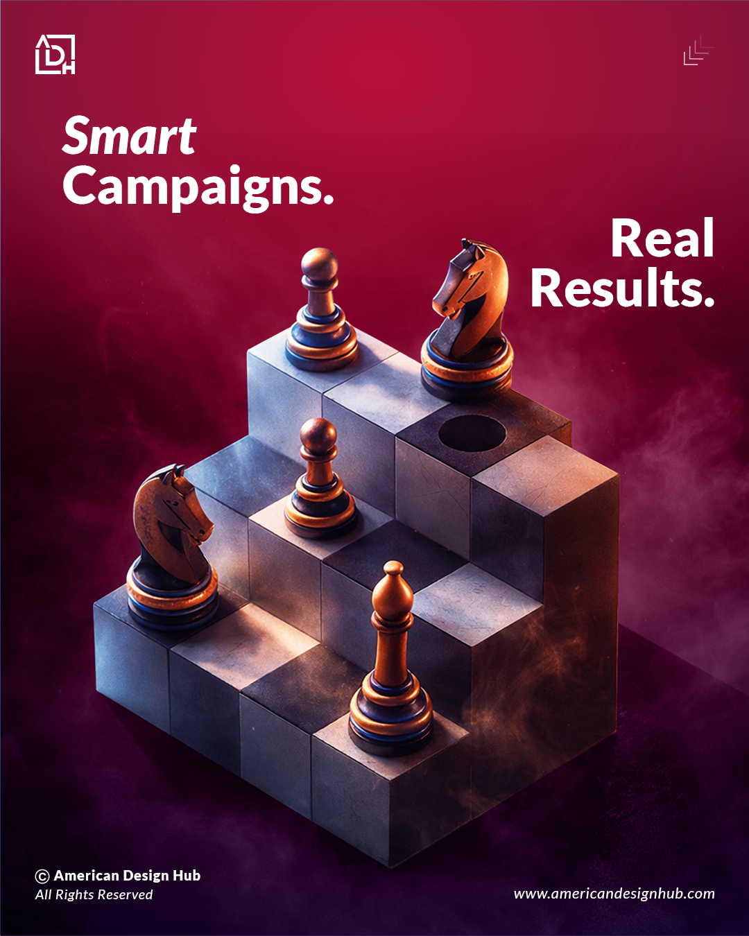 Chess pieces climbing steps: strategy metaphor