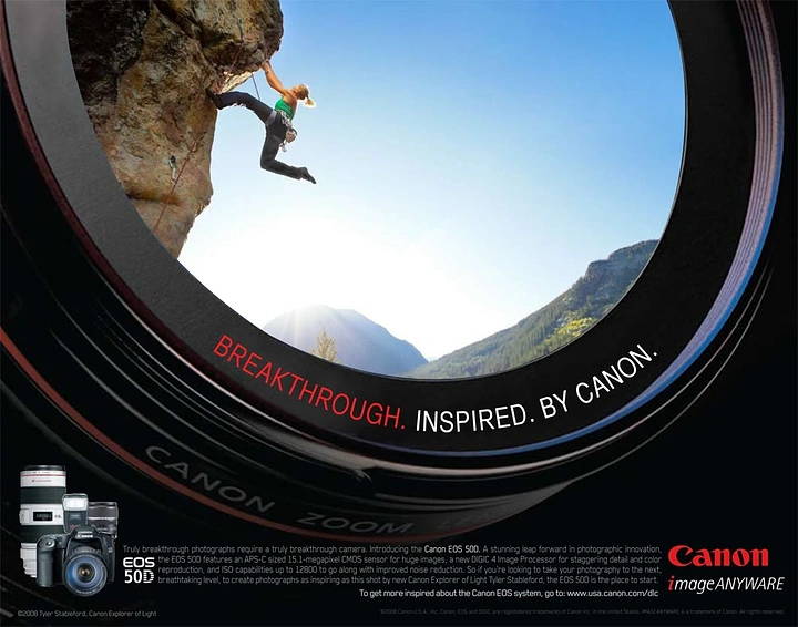 Photography creative ad: Lens barrel frames climber: breakthrough metaphor
