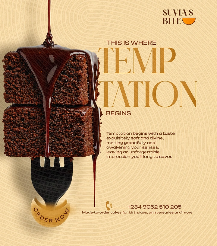 Creative ad: Chocolate cake cubes on a fork with sauce drizzle