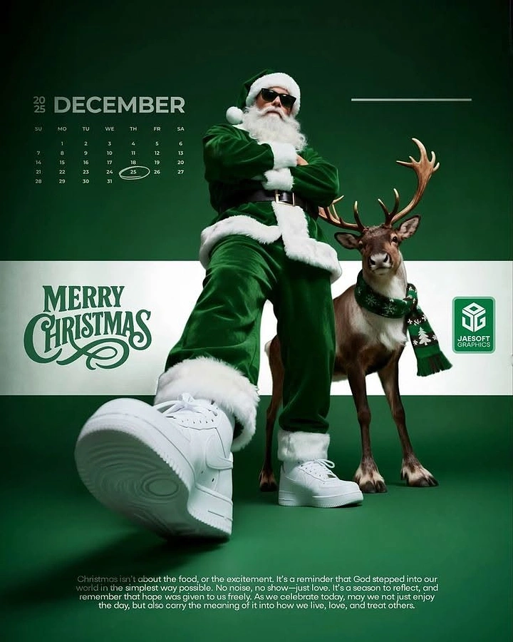 Christmas creative ad: Low-angle green-suited Santa in sneakers beside a reindeer