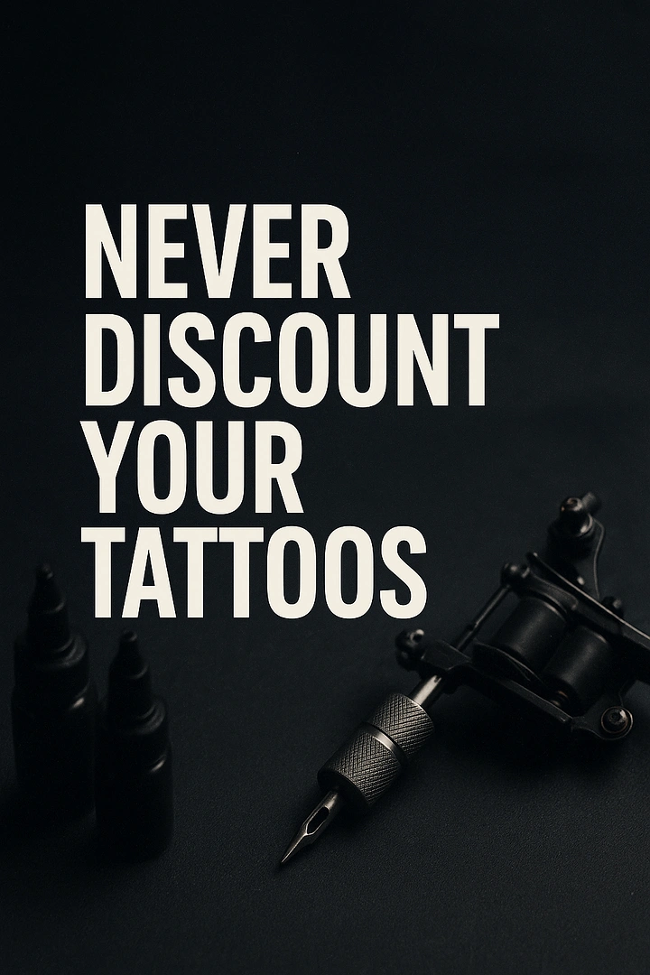 Tattoo Studios creative ad: Bold 'never discount' pricing-value copy, moody