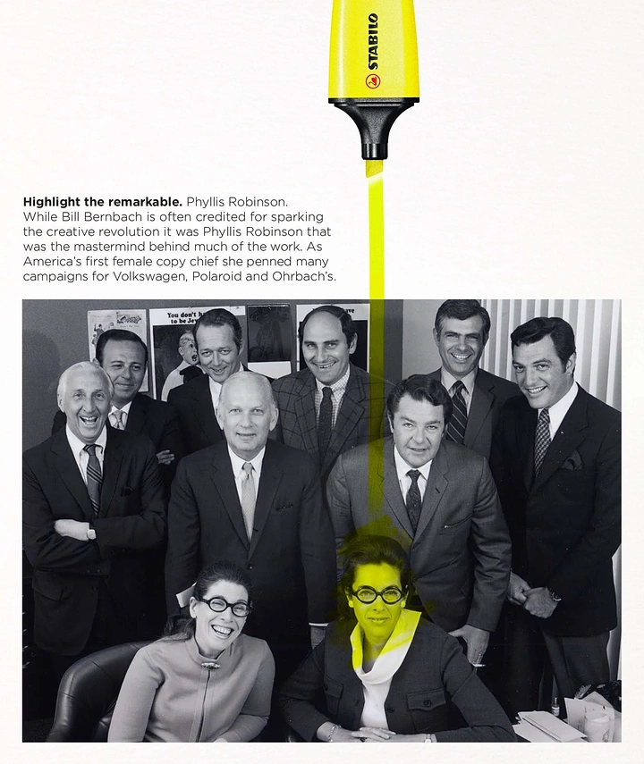 Women's Day creative ad: Highlighter marking a woman in a vintage group photo