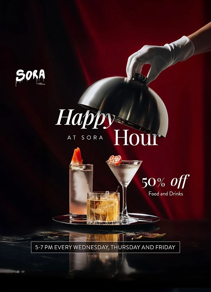 Creative ad: Gloved hand lifting a silver cloche to reveal cocktails