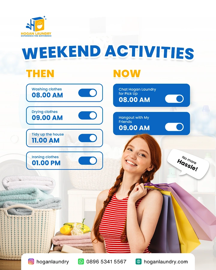 Laundry & Dry Cleaning creative ad: Then/now chores as phone alarm toggles