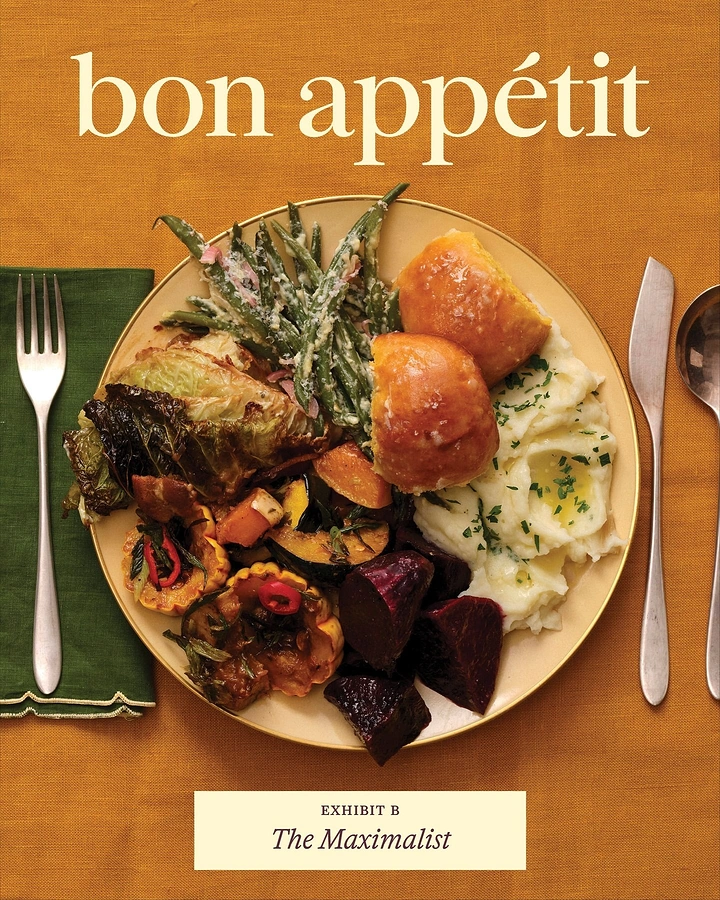 Thanksgiving creative ad: Overhead holiday dinner plate on mustard linen