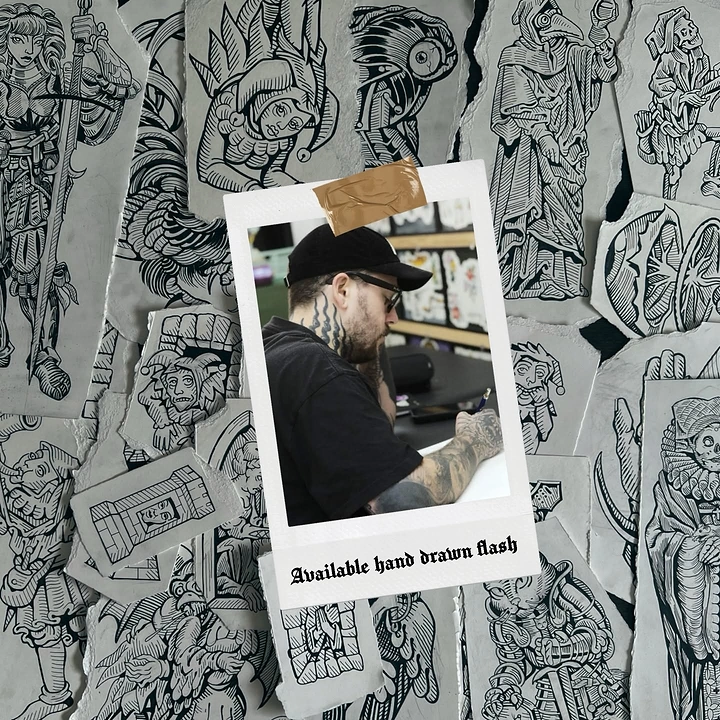 Tattoo Studios creative ad: Polaroid artist taped over flash sheets