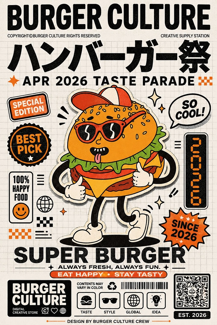 Print-on-Demand & Merch creative ad: Cartoon burger mascot in cap and sunglasses