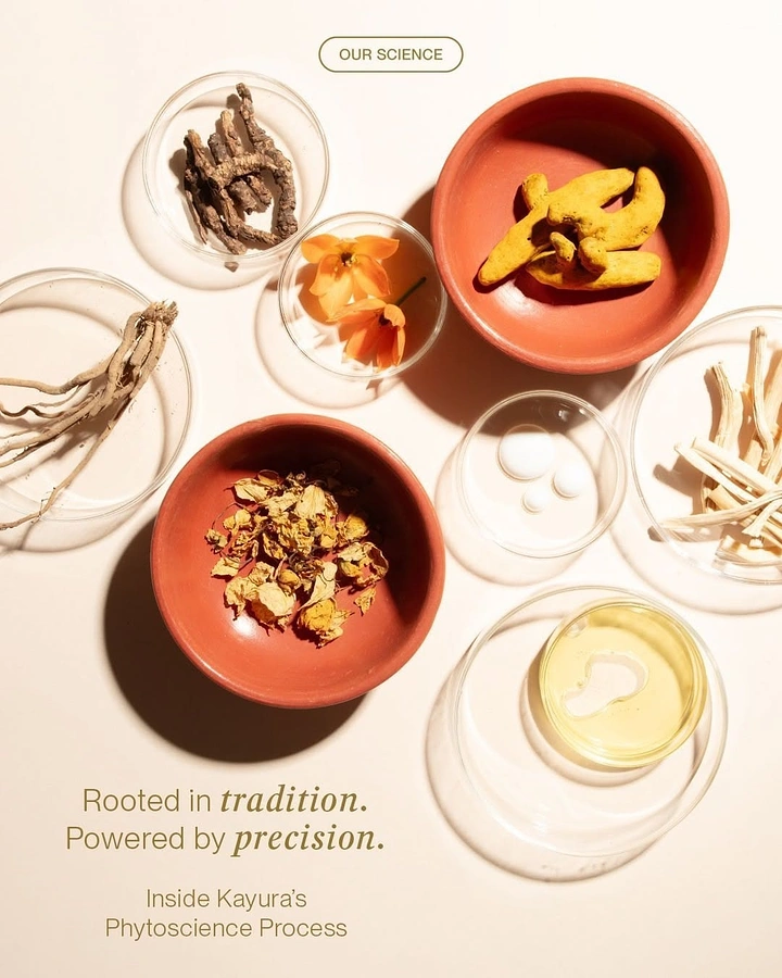 Creative ad: Flat-lay of raw herbs in terracotta bowls and glass petri dishes