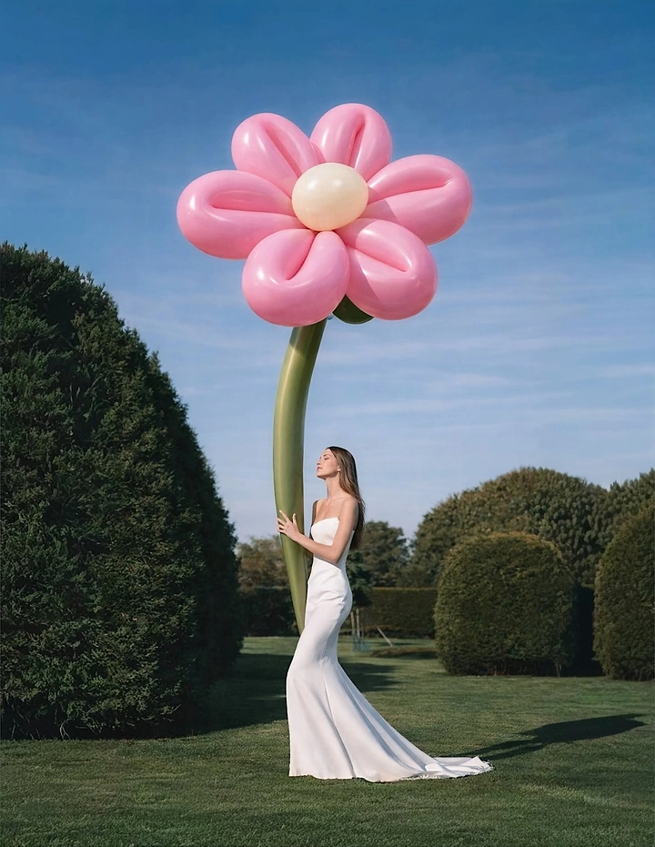 Balloon & Party Decorators creative ad: Bride embracing the stem of a giant pink balloon daisy