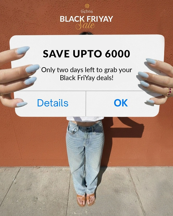Black Friday creative ad: Woman in jeans holding an oversized phone alert pop-up in front of her face