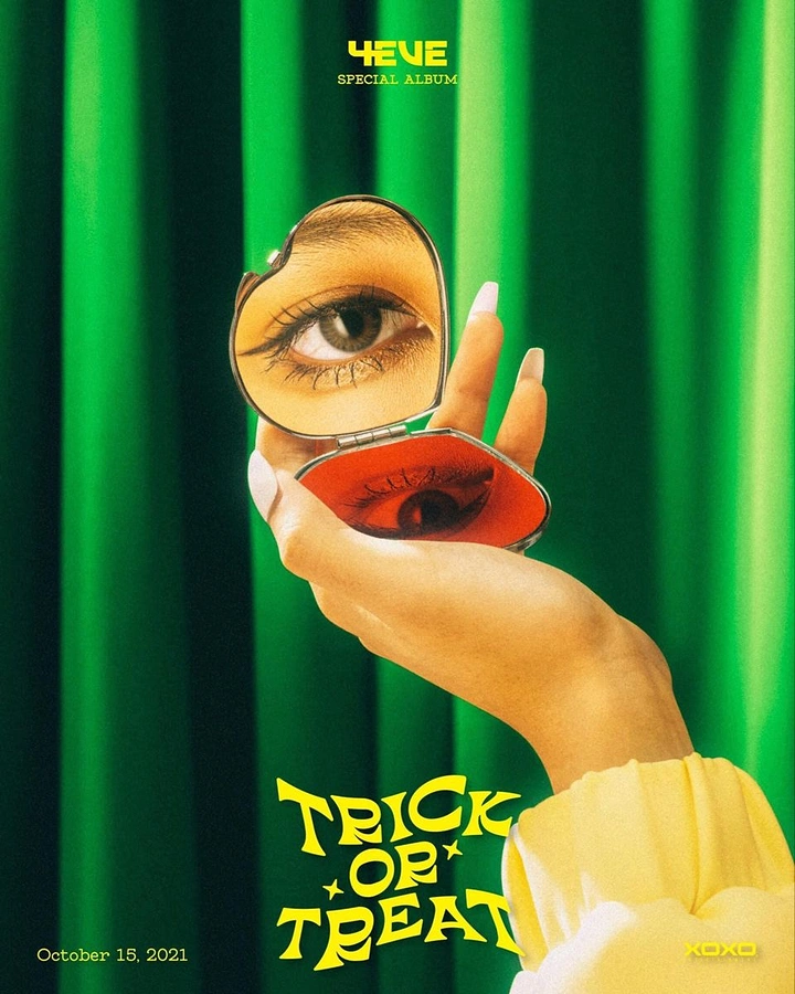Halloween creative ad: Hand holding a heart-shaped compact mirror that reflects eyes