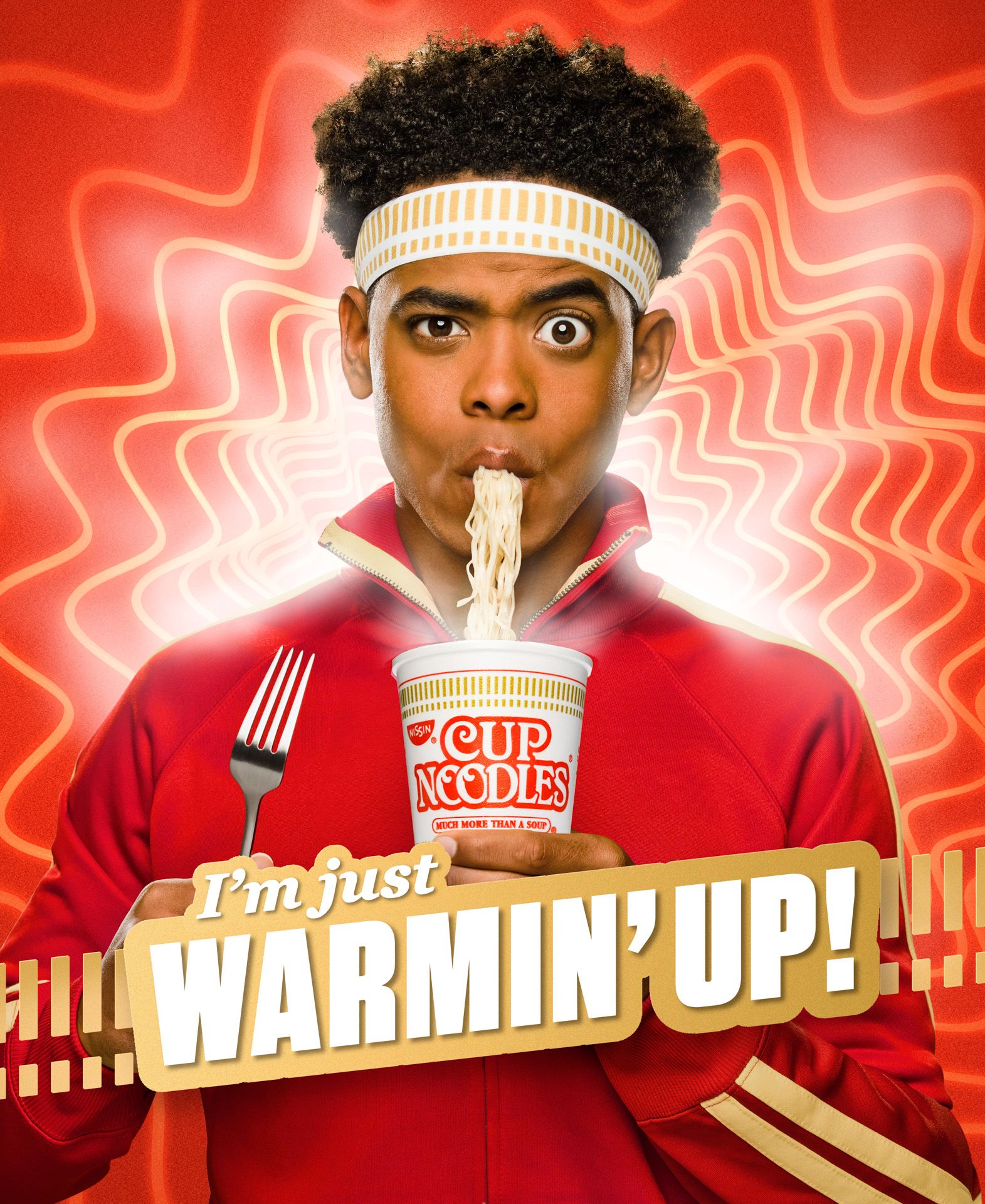 Instagram post: Warm-up phrase matches heated noodle imagery