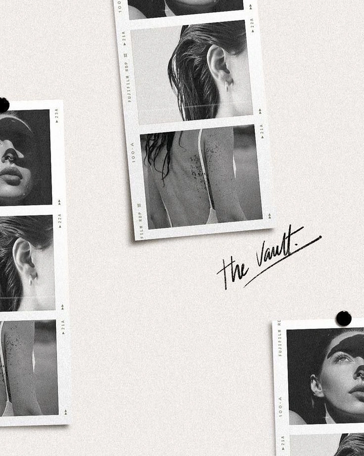Photography creative ad: Pinned film-strip contact sheets, 'the vault'