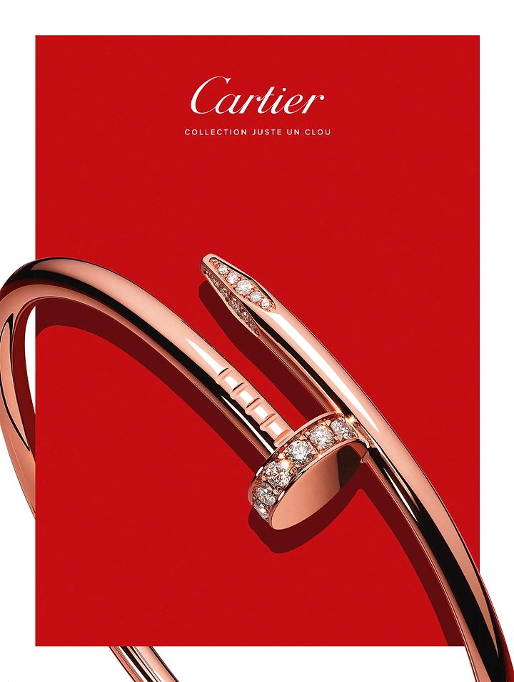 Creative ad: Rose gold diamond nail bangle breaking out of red panel