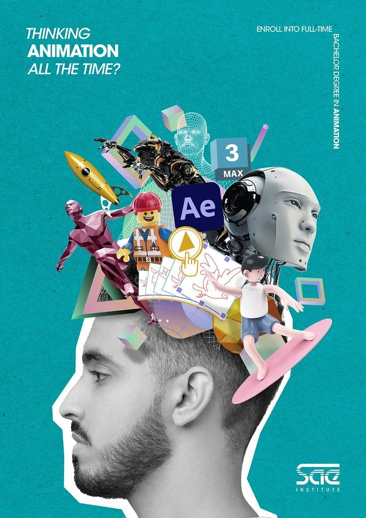 Design & Animation Schools creative ad: Animation tools emerge from human head