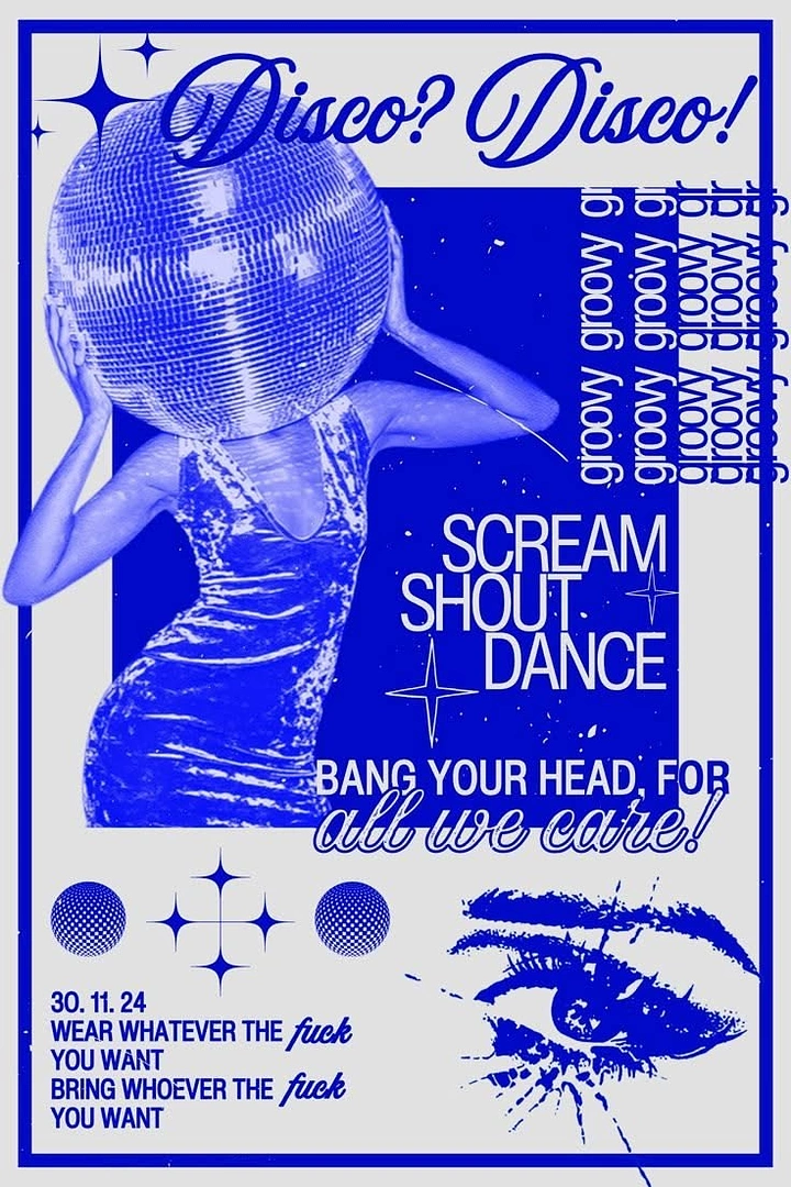Creative ad: Woman in a sequin dress with a disco ball for a head