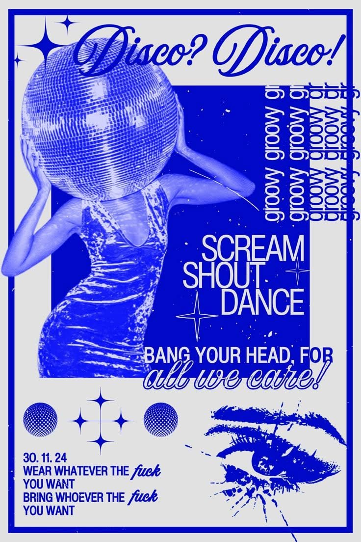 Poster: Woman in a sequin dress with a disco ball for a head