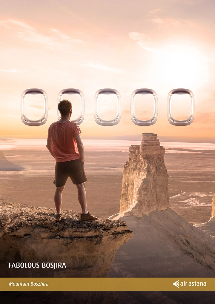 Airlines creative ad: Windows frame destinations as travel promise