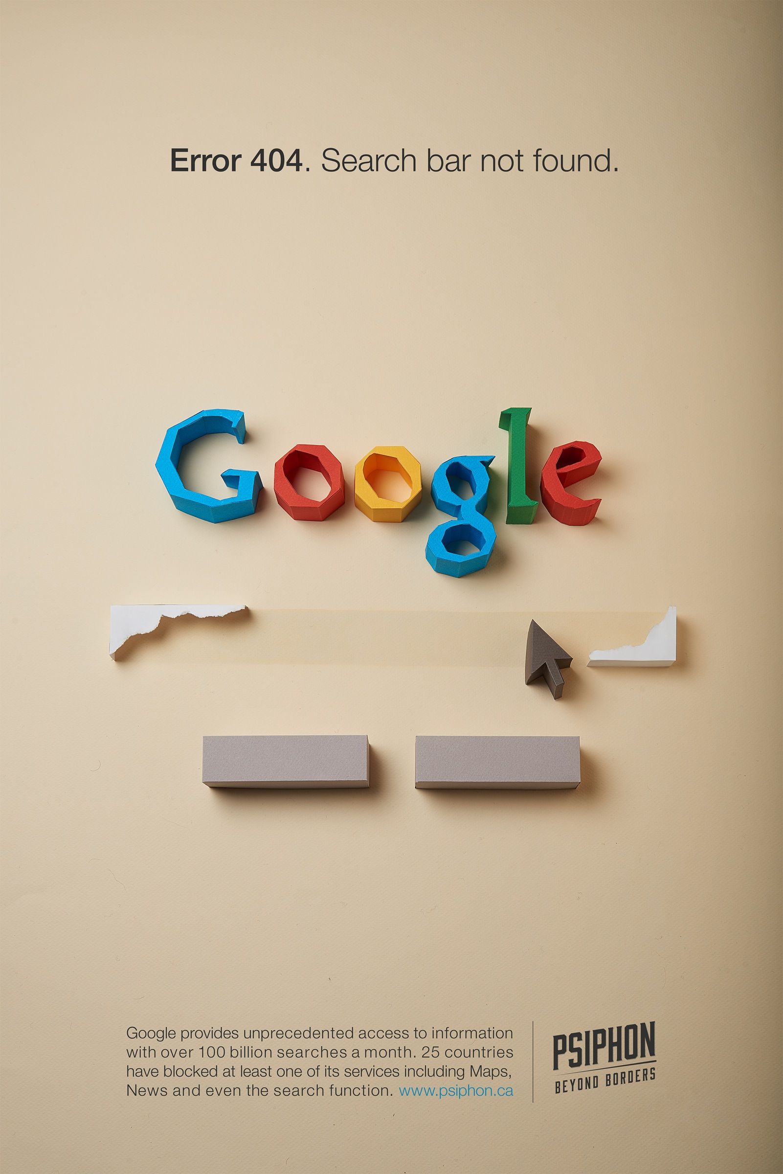 Poster: Papercraft search-engine homepage with a torn-out search bar