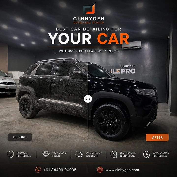 Car Wash & Detailing creative ad: Before/after slider split on dark car