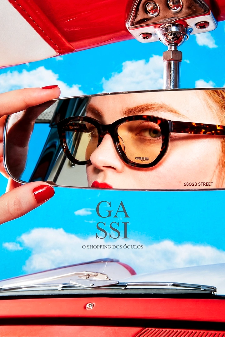 Opticians & Eye Care creative ad: Rear-view mirror framing eyewear model