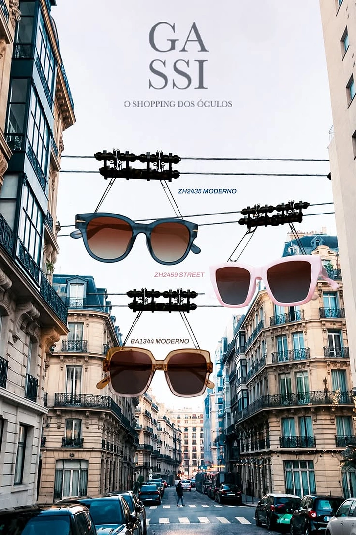 Opticians & Eye Care creative ad: Three sunglasses hanging like traffic signals over a Parisian street