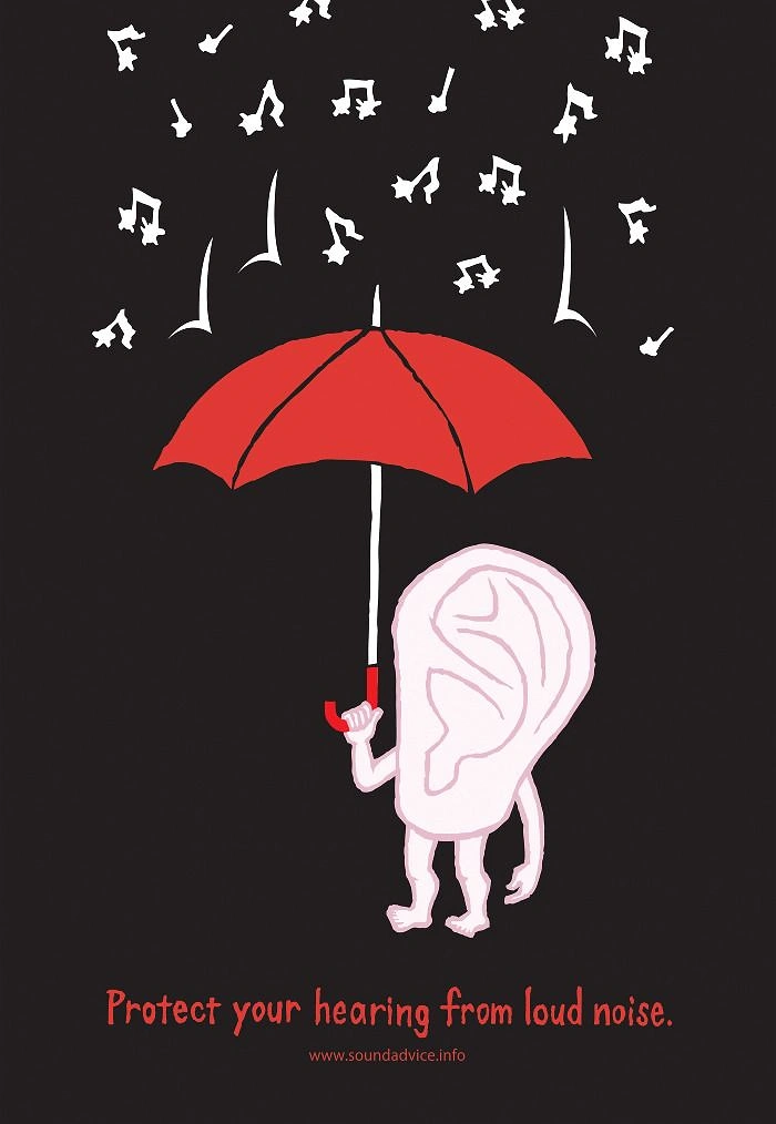 Hearing Aids creative ad: Ear under umbrella shielding noise notes