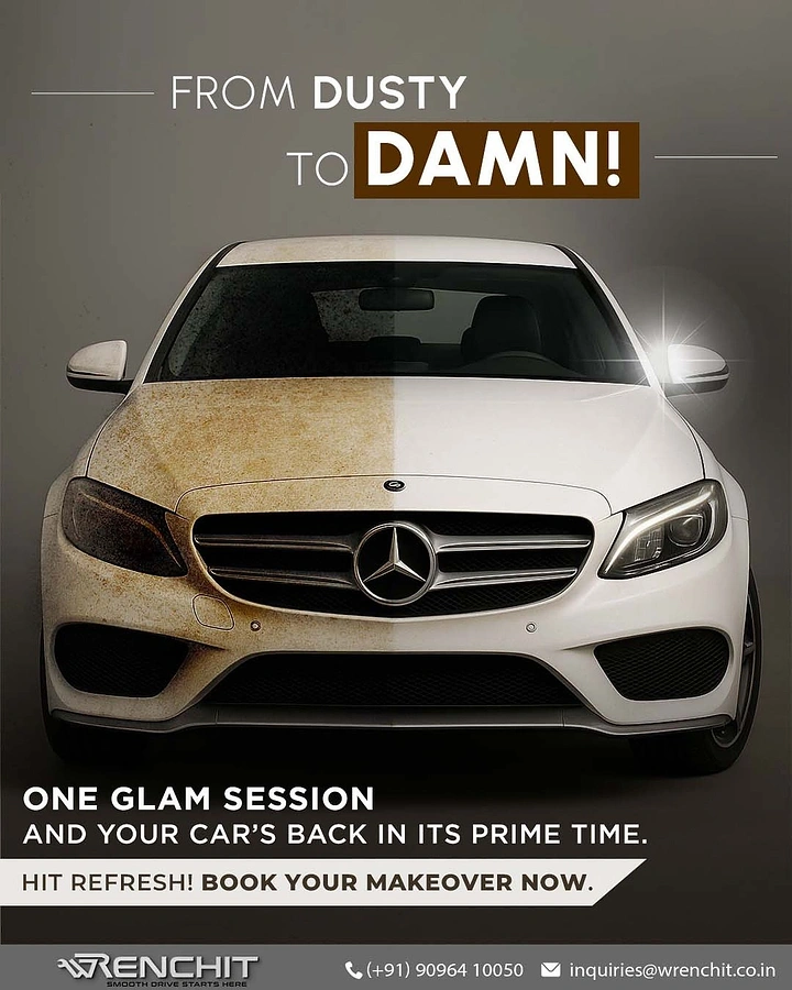 Car Wash & Detailing creative ad: Half-dirty car, 'dusty to damn' copy