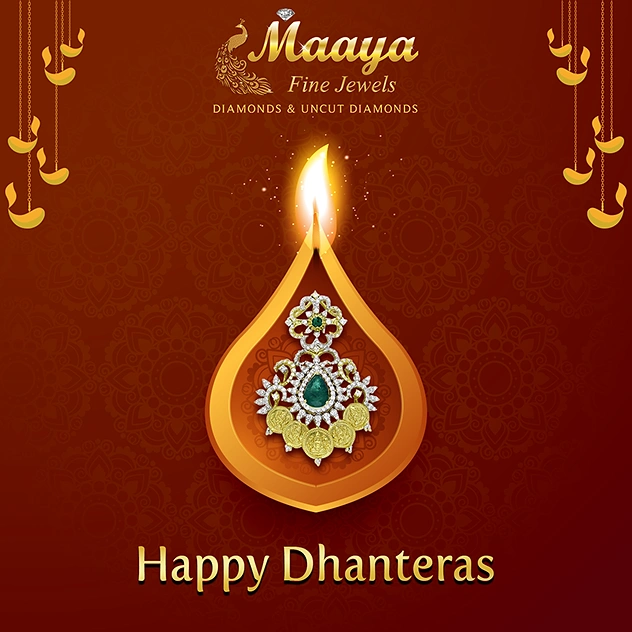 Dhanteras creative ad: Diamond-emerald coin pendant set inside a giant diya-flame shape