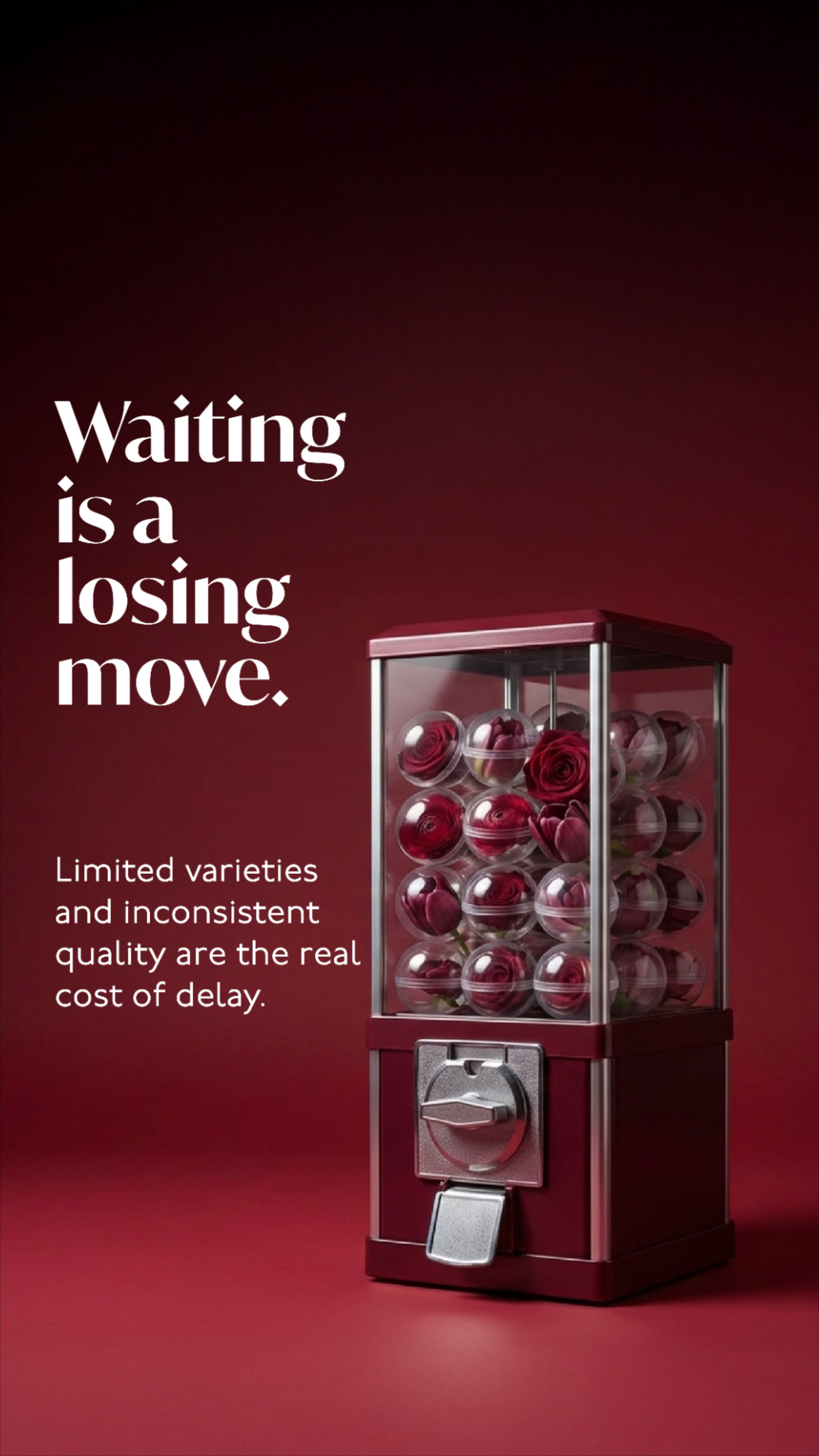 Burgundy claw-crane arcade machine filled with roses