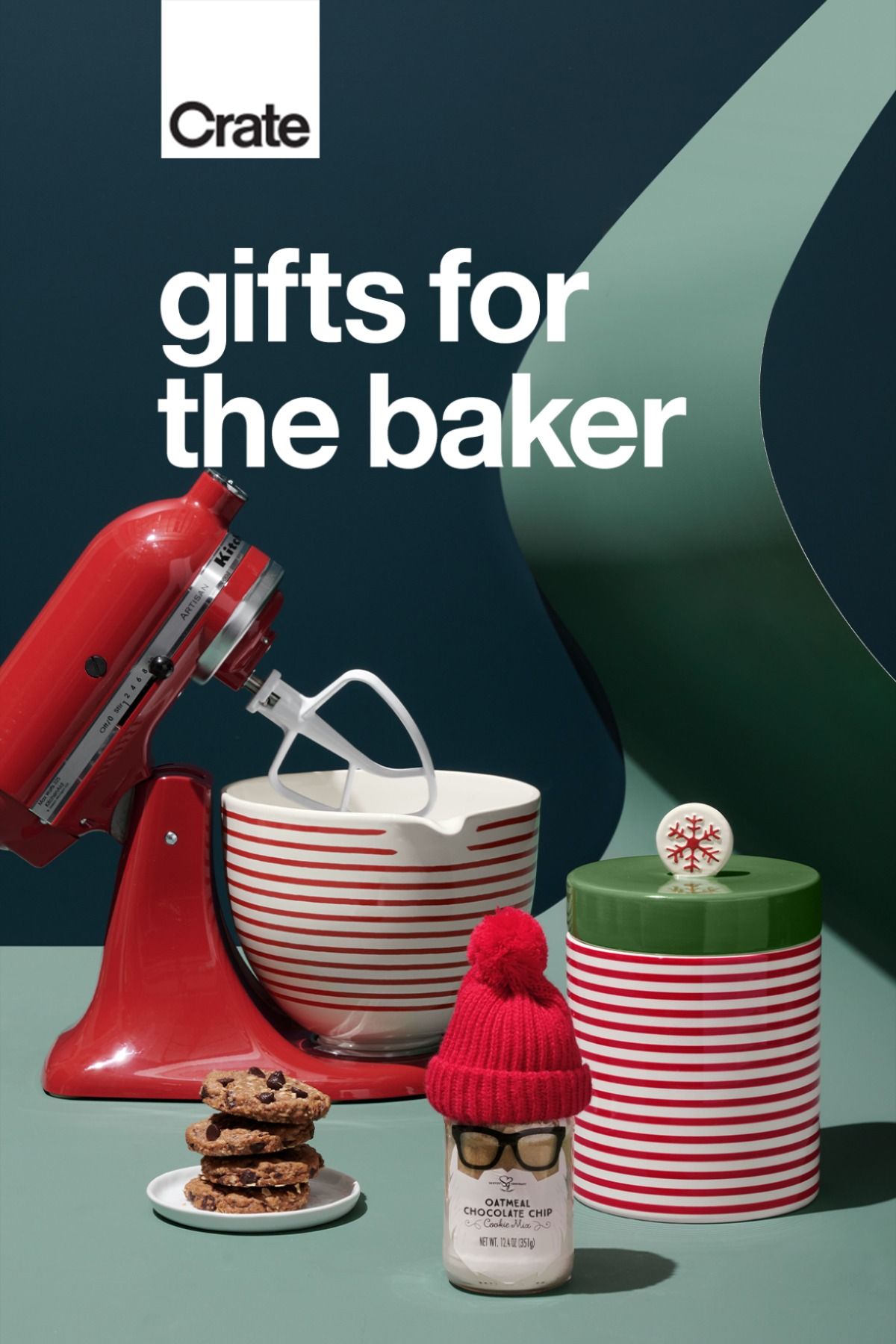 Red stand mixer with striped bowl, cookie jar and cookie mix jar