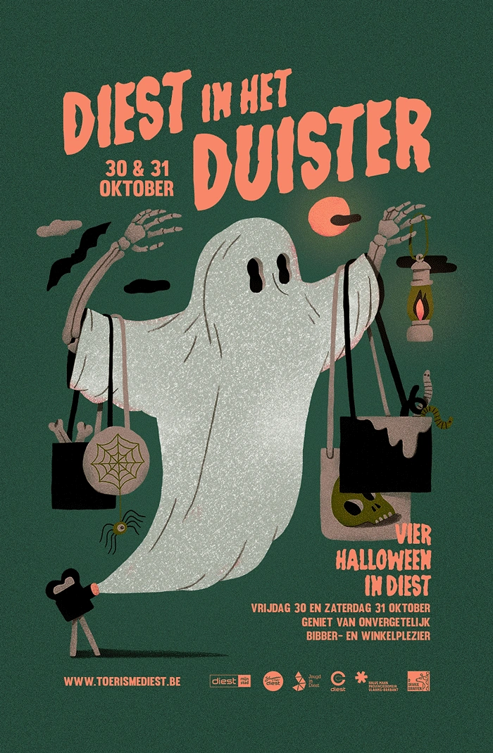 Halloween creative ad: Ghost with skeleton arms carrying shopping bags