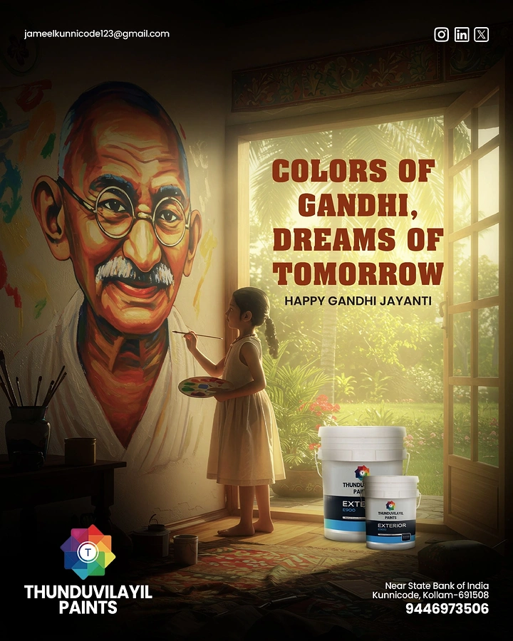 Gandhi Jayanti creative ad: Child painting a large Gandhi mural in a sunlit room