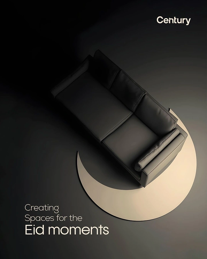 Eid creative ad: Top-down sofa resting on a crescent-shaped cream rug