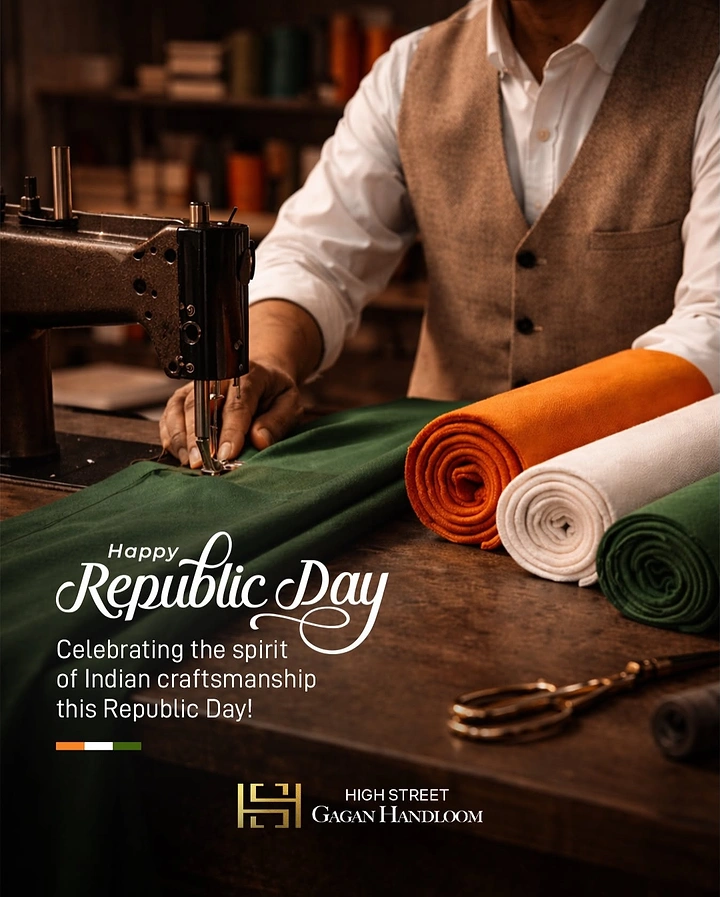 Republic Day creative ad: Tailor stitching green cloth beside saffron, white and green fabric rolls