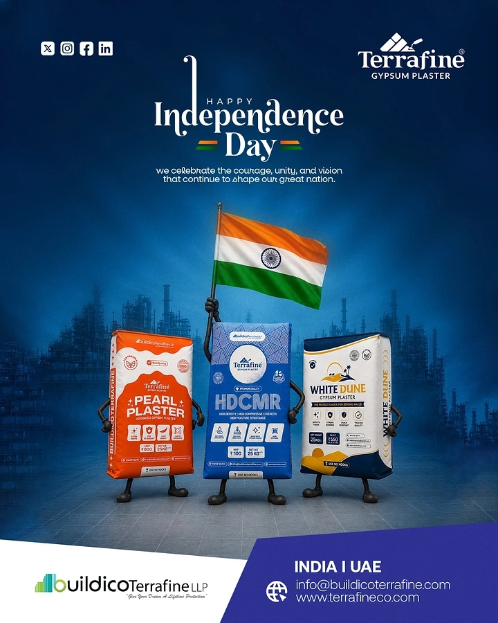 Independence Day creative ad: Three anthropomorphic plaster bags, centre one waving Indian flag