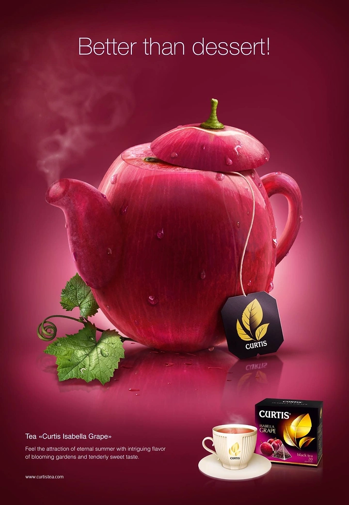 Creative ad: Teapot sculpted from a glossy red grape/apple skin with tea bag tag
