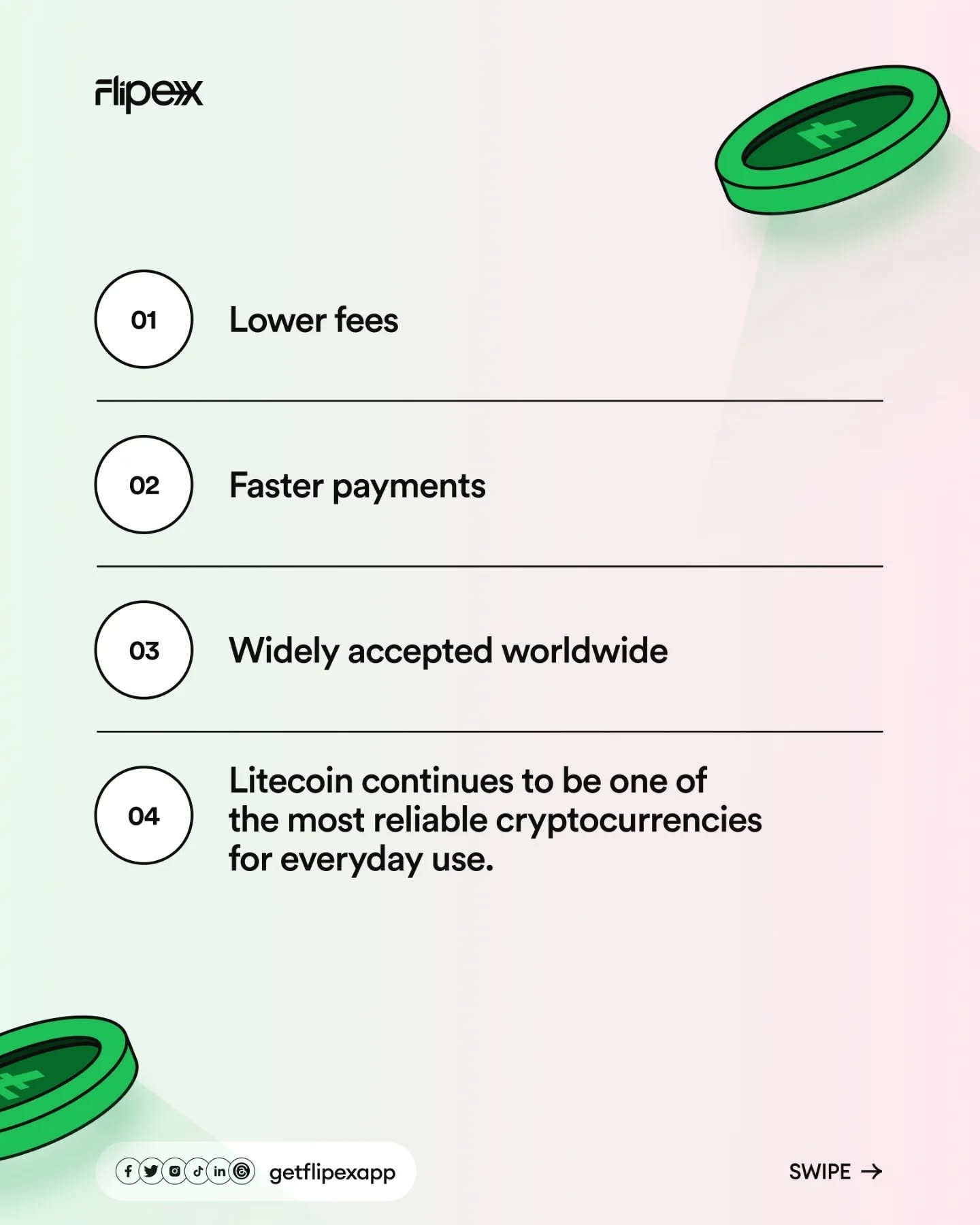 Carousel: Green outlined crypto coins tumbling along a curved path, slide 3
